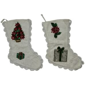 APRIL CORNELL Christmas Stocking Decoration White Lace Sequin Appliqués Set of 2